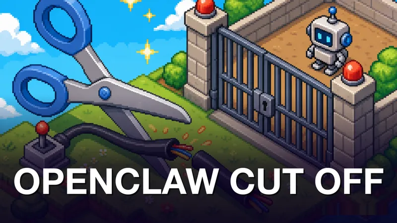 Pixel-art isometric scene: giant blue scissors snip through a thick multi-colored cable near a wall connector, while a small white robot waits locked behind a barred iron gate in a stone enclosure; green grass, bright flowers, and a blue sky fill the background. Kicker OPENCLAW CUT OFF in white at the bottom.