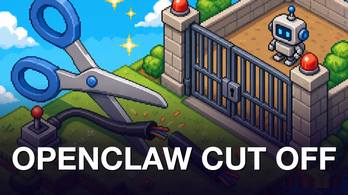 Pixel-art isometric scene: giant blue scissors snip through a thick multi-colored cable near a wall connector, while a small white robot waits locked behind a barred iron gate in a stone enclosure; green grass, bright flowers, and a blue sky fill the background. Kicker OPENCLAW CUT OFF in white at the bottom.