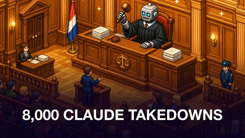 Pixel-art 16-bit isometric courtroom scene: a chrome metallic robot judge in a black robe holds a gavel raised high at a warm golden wood-panelled judicial bench. A flag stands beside the bench, stacked legal documents sit on the surface, and the scales of justice are carved into the bench front. Rows of gallery benches packed with stylized pixel-art figures fill the floor. Sparkle stars dot the ceiling. Kicker '8,000 CLAUDE TAKEDOWNS' in bold white at the bottom.