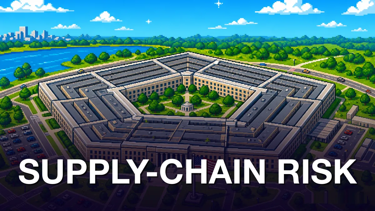 Pixel-art aerial isometric view of the Pentagon building with a US flag at the main entrance, surrounded by green trees, parking lots, and roads, with a river visible in the distance; bright blue sky with white clouds overhead. Kicker SUPPLY-CHAIN RISK in white at the bottom.