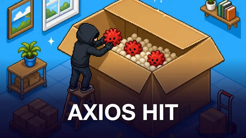 Pixel-art isometric scene: a black-hooded figure stands on a wooden ladder and plants red malware gear icons inside a large open cardboard shipping box filled with packing peanuts; stacked boxes and a hand truck fill the background. Kicker AXIOS HIT in white at the bottom.