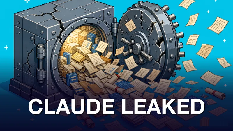 Bright pixel-art isometric scene: a large cracked steel bank vault with its heavy circular door hanging open, source-code documents, scrolls, and papers cascading and flying outward in all directions; bright cyan background with sparkle stars. White kicker reads CLAUDE LEAKED.