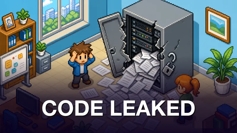 Pixel-art isometric scene: hundreds of white document pages pour out of a burst-open server cabinet with a broken padlock while two office workers react in shock — one holding their head, the other collecting pages; a desktop computer and bookshelves fill the office background. Kicker CODE LEAKED in white at the bottom.