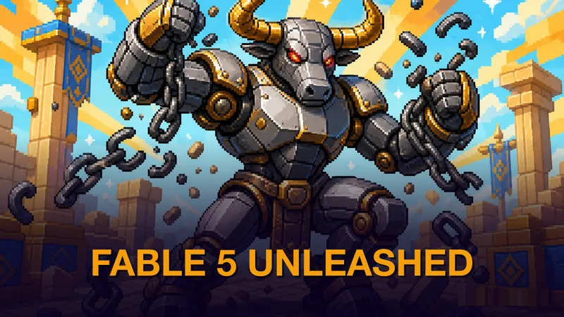 Bright pixel-art isometric scene of a powerful robotic minotaur breaking free from containment, glowing neon amber and cyan against a dark navy background, bold amber kicker reads FABLE 5 UNLEASHED