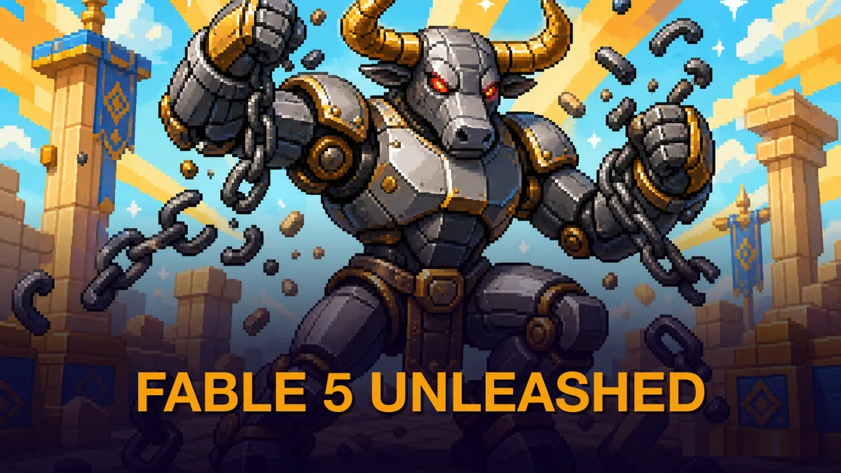 Bright pixel-art isometric scene of a powerful robotic minotaur breaking free from containment, glowing neon amber and cyan against a dark navy background, bold amber kicker reads FABLE 5 UNLEASHED