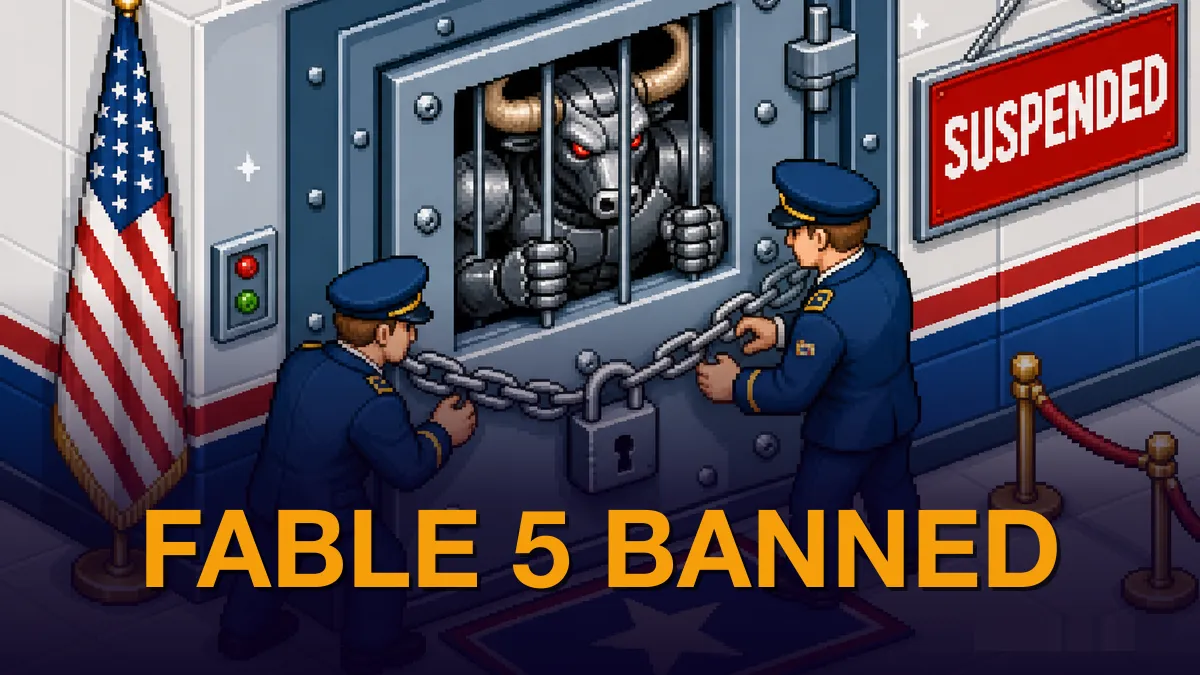 Pixel-art isometric scene: two stern uniformed government officers padlock a heavy steel vault door, containing a robotic minotaur (mechanical bull-headed beast with glowing eyes) that grips the bars from inside. U.S. flag and SUSPENDED sign on the wall, bright steel-blue and red tones. Kicker FABLE 5 BANNED in amber at the bottom.