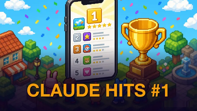 Pixel-art isometric scene: five colorful pixel characters — pink bunny, brown-haired kid, yellow bird, blue cat, and brown bear — cheer in front of a giant smartphone showing a number-one ranked app with five stars, while a large gold trophy gleams beside them and colorful confetti falls. Kicker CLAUDE HITS #1 in amber at the bottom.