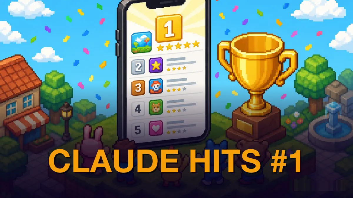 Pixel-art isometric scene: five colorful pixel characters — pink bunny, brown-haired kid, yellow bird, blue cat, and brown bear — cheer in front of a giant smartphone showing a number-one ranked app with five stars, while a large gold trophy gleams beside them and colorful confetti falls. Kicker CLAUDE HITS #1 in amber at the bottom.
