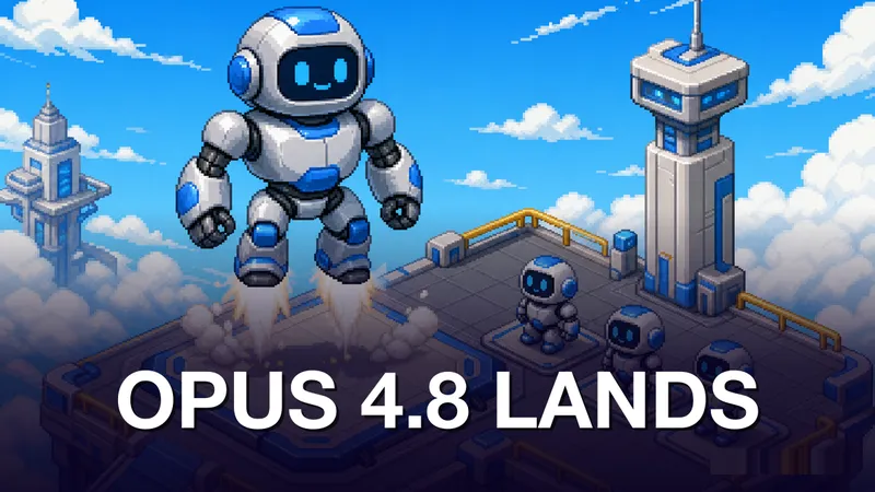Pixel-art isometric scene: a large blue-and-white friendly robot launches upward from a sky platform on twin rocket exhausts, while three smaller matching robots look on from below; towers and white clouds fill the bright blue sky background. Kicker OPUS 4.8 LANDS in white at the bottom.