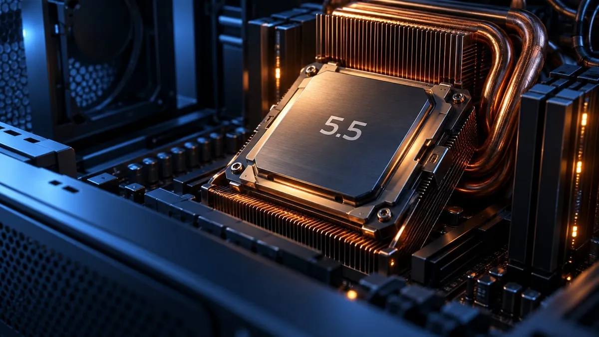 Computer processor marked 5.5 inside a dark blue workstation, lit by copper heatsinks and small amber status lights.
