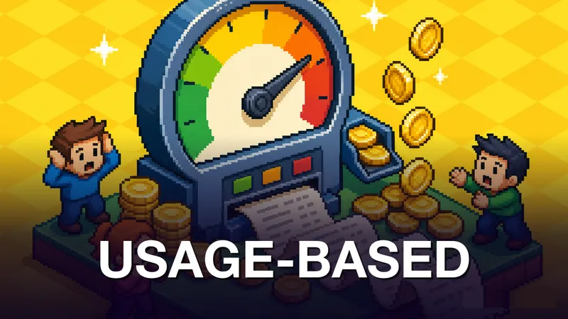 Pixel-art isometric scene: three panicked pixel-art characters surround a large usage-meter gauge machine that spits out a long receipt while gold coins fly around them; bright yellow diamond-pattern background. Kicker USAGE-BASED in white at the bottom.