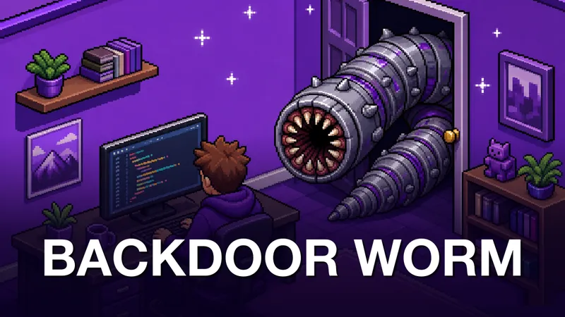 Pixel-art isometric scene: a developer sits at a desk, unaware, as a large menacing segmented metallic worm with a Dune-maw coils in through the open doorway behind them. Bright violet-purple room, bold pixel shapes. Kicker BACKDOOR WORM in white at the bottom.