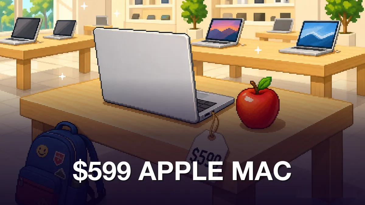 Pixel-art 16-bit isometric scene: a slim silver laptop with a completely blank plain silver lid sits on a light-wood Apple-Store style table. A whole red apple (the fruit, unbitten, with a green leaf) sits on the table beside the laptop. A $599 price tag hangs from the laptop. A student backpack sits on the floor beside the table. More laptops on display tables in the bright daylight store background. Kicker '$599 APPLE MAC' in bold white text at the bottom.