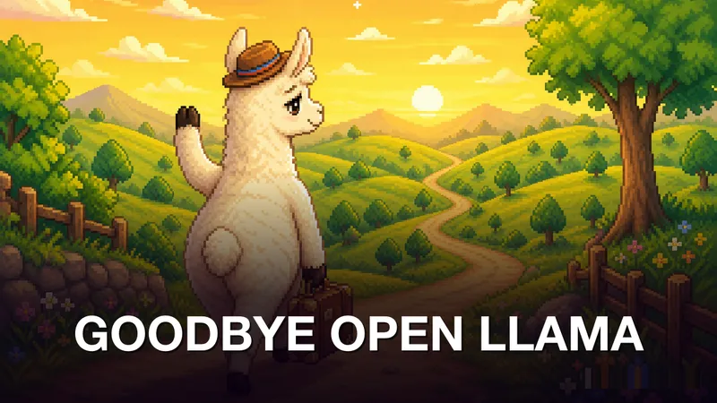 A pixel-art llama wearing a small hat, carrying a brown travel suitcase, raising one hoof in a farewell wave as it walks away down a winding dirt road into bright sunny rolling green hills at golden hour