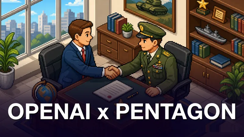 Pixel-art isometric scene: a businessman in a blue suit shakes hands across a mahogany desk with a military officer in green uniform; a signed contract and gold star sit on the desk, a framed tank painting hangs on the wall, and a city skyline is visible through the window. Kicker OPENAI x PENTAGON in white at the bottom.