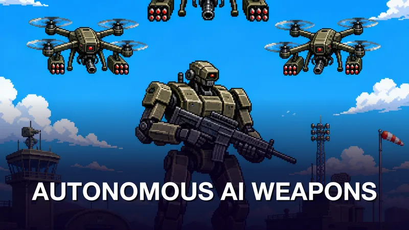 Pixel-art 16-bit isometric scene: three armed combat quadcopter drones with mounted gun turrets and missiles hover menacingly in a bright blue sky above a military airfield, while a hulking humanoid combat robot stands on the runway holding an assault rifle. Sandbags and control towers in the background. Kicker AUTONOMOUS AI WEAPONS in white at the bottom with CodeWalkers wordmark.