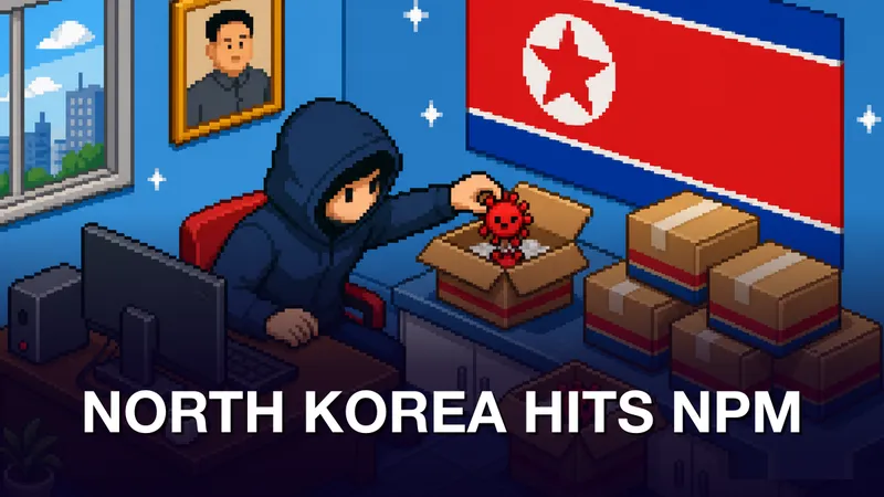 Bright pixel-art scene of a North Korean state-sponsored cyber operation, shadowy figures at glowing screens targeting an npm package registry with red malware tendrils, bold white kicker reads NORTH KOREA HITS NPM