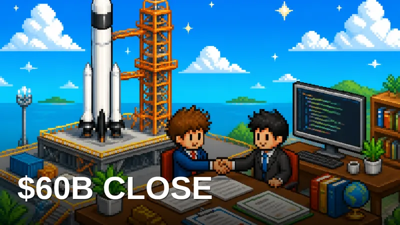 Pixel-art isometric scene: a white-and-black Falcon rocket on a bright launch pad beside a developer desk with a glowing code editor monitor, while two stylized pixel business figures shake hands across legal documents and stock certificates. Kicker $60B CLOSE in white at the bottom.