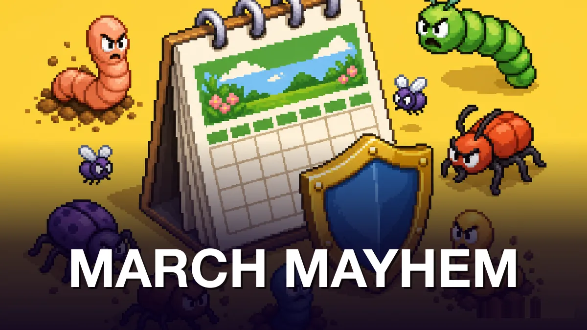 Pixel-art isometric scene: multiple angry bug characters — red worm, green caterpillar, purple beetle, orange worm, red ant, blue worm, and tiny flies — surround a monthly desktop calendar, with a blue security shield in the foreground defending against them; bright yellow background. Kicker MARCH MAYHEM in white at the bottom.