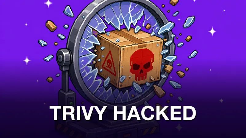 Pixel-art isometric scene: a large circular security scanner with a shattered cracked lens, a menacing cardboard shipping box marked with a bold red skull smashing through the broken lens in a shower of pixel debris and glass shards. Bright violet-purple background, bold pixel shapes, sparkle stars. Kicker TRIVY HACKED in white at the bottom.