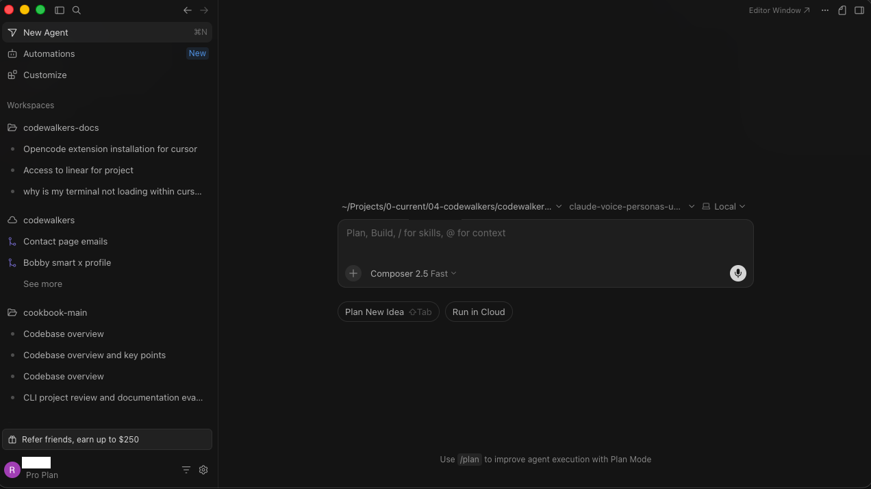 Cursor's home screen with New Agent, Automations, Customize, and a workspace list