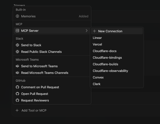 The actions menu listing Memories, MCP servers, Slack send/read, Microsoft Teams, and GitHub PR actions