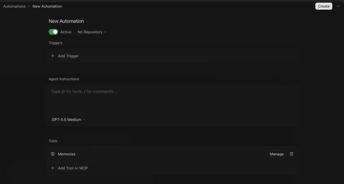 The New Automation screen showing an Active toggle, a No Repository dropdown, triggers, agent instructions, and tools