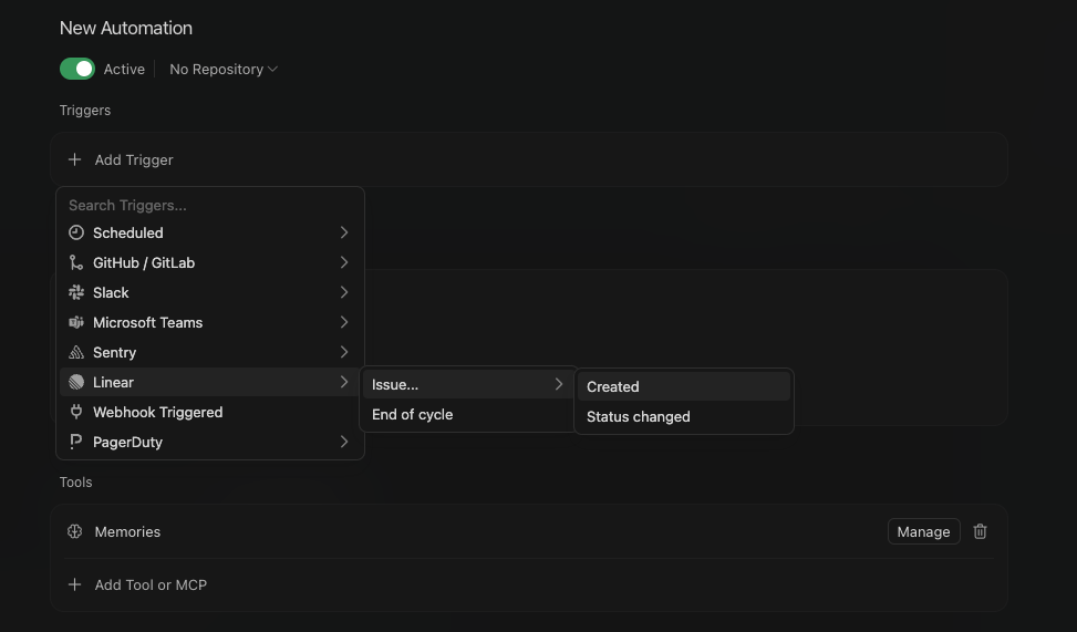A Linear trigger expanded to show Issue created and Status changed options