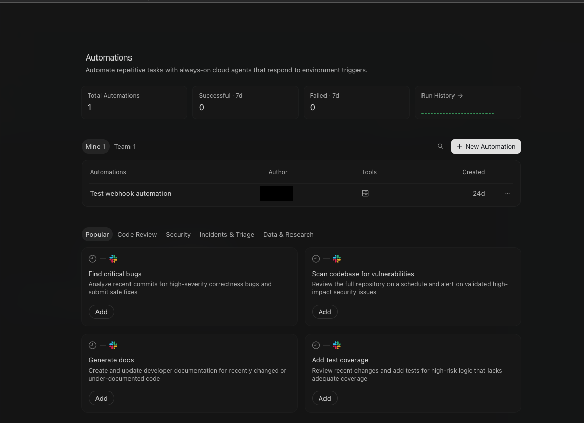 Cursor Automations dashboard with run-history stats and a grid of starter templates