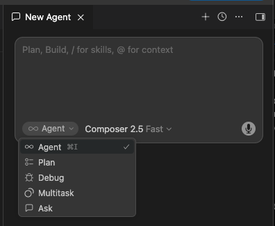 Cursor's mode menu showing Agent, Plan, Debug, Multitask, and Ask