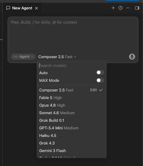 A June 2026 Cursor model picker with several vendor and Cursor model choices