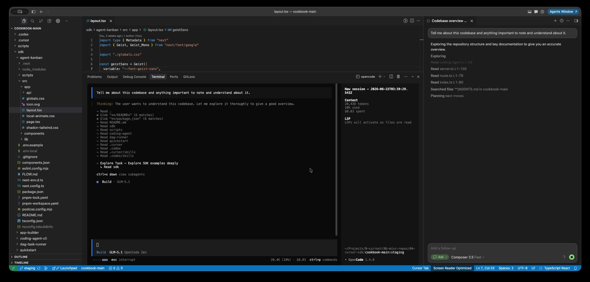 Composer 2.5 in Cursor compared with GLM 5.1 in OpenCode