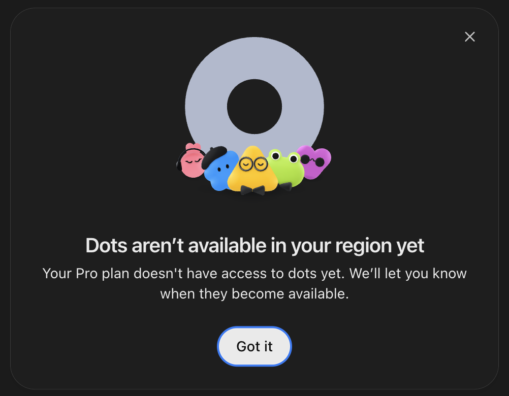 ChatGPT notice showing five cartoon dot characters under a large ring, with the heading Dots aren't available in your region yet and the message that the Pro plan doesn't have access to dots yet