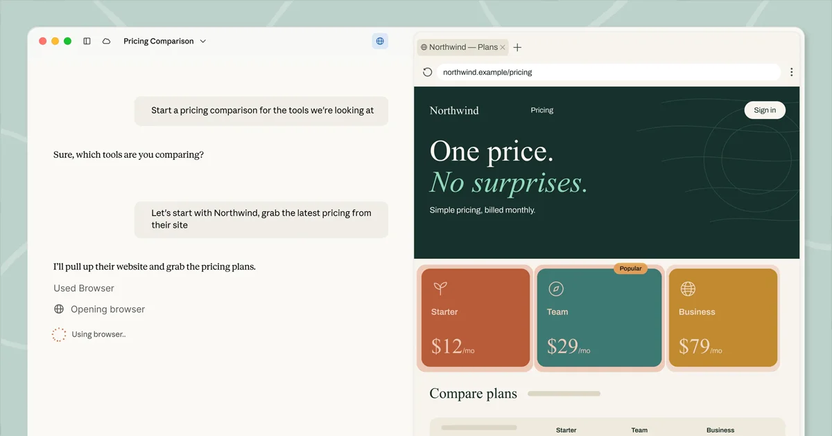 Claude desktop showing a Cowork task on the left and the built-in browser in the side panel, open on a Northwind pricing page.