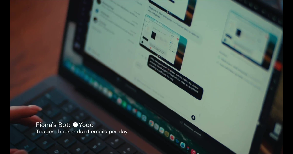 Grok Bot desktop chat on a laptop, with a message asking a Bot to create a slide deck and a preview of the slides.