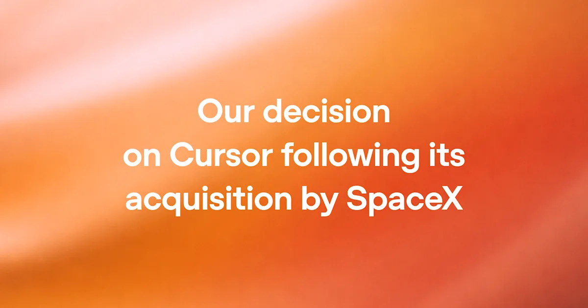 OpenAI announcement card on an orange gradient reading Our decision on Cursor following its acquisition by SpaceX.