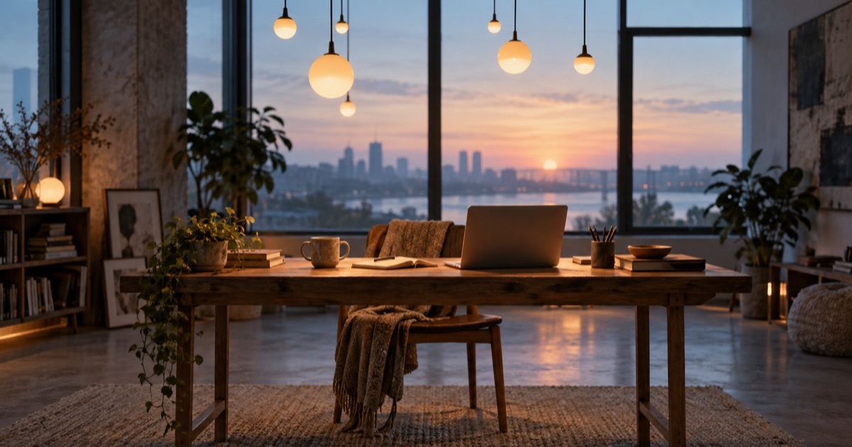 Photograph of an empty studio desk at dawn with a laptop, a notebook and a mug, under a cluster of round glowing pendant lights, with a city and river through tall windows behind.