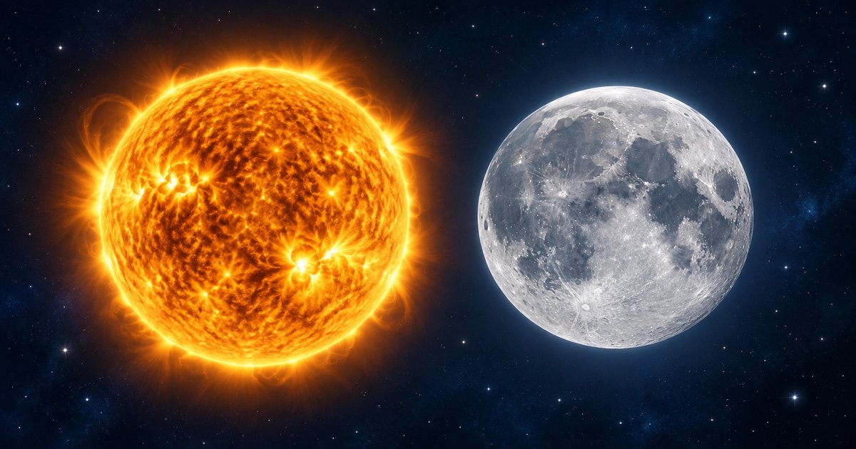 Conceptual illustration of a glowing orange sun beside a cratered silver moon against a starry blue background.