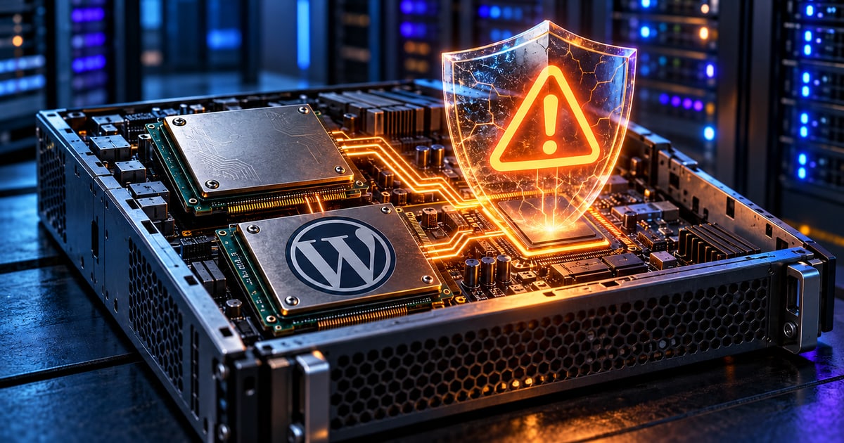 An open server with a WordPress-marked module and a glowing amber security-warning shield