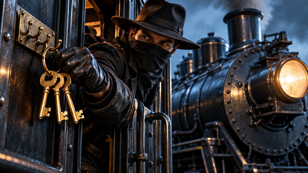 A masked train robber taking three brass keys from a rack beside a classic steam train