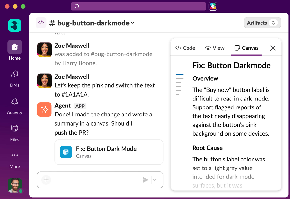 Slack desktop showing a code channel, with teammates and an agent in the thread and Code, View, and Canvas tabs open.