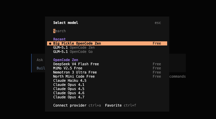 OpenCode model menu listing free Zen models marked Free, including DeepSeek V4 Flash and Big Pickle