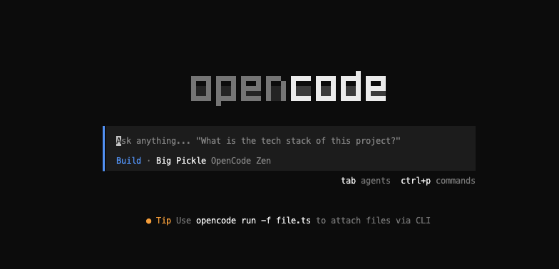 OpenCode's terminal home screen prompting to ask about the project, running Big Pickle through Zen